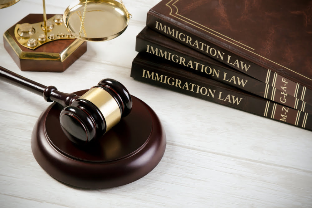 books of immigration law and a gavel on the table