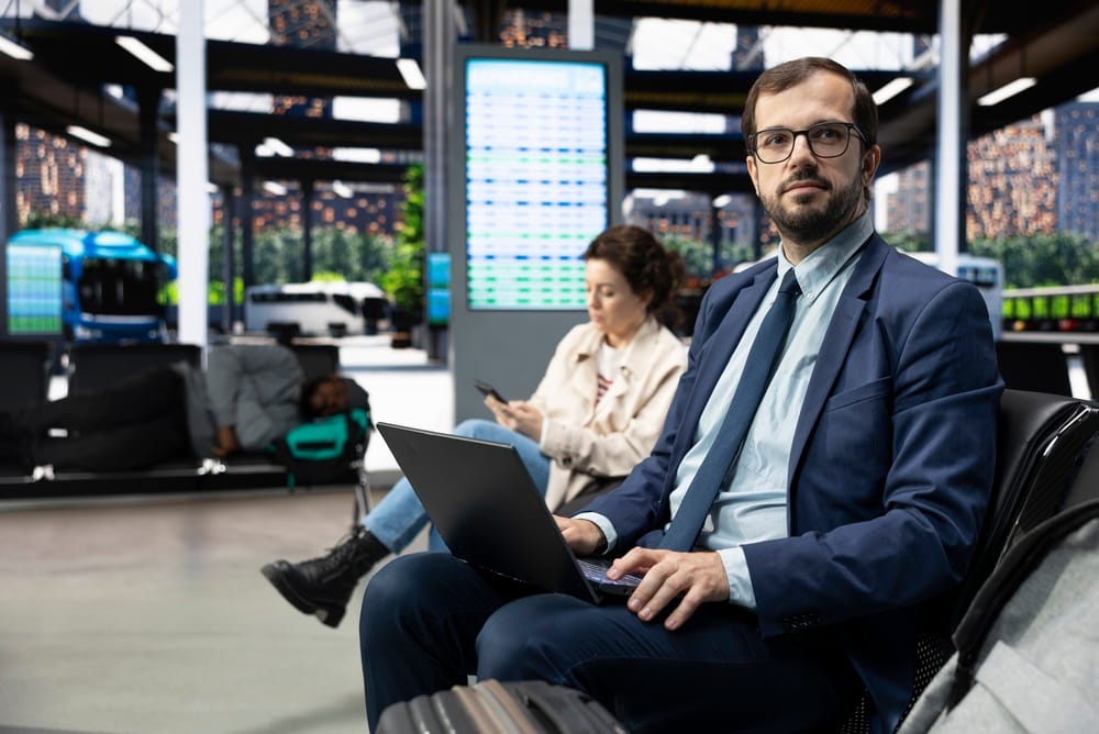 Business traveler works on a laptop in a bus terminal between coach connections, completing work-trip tasks in professional attire while balancing work responsibilities with travel